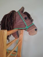 walnut hobby horse quarter horse with brown mane, with hand made rope halter adjustable bridle